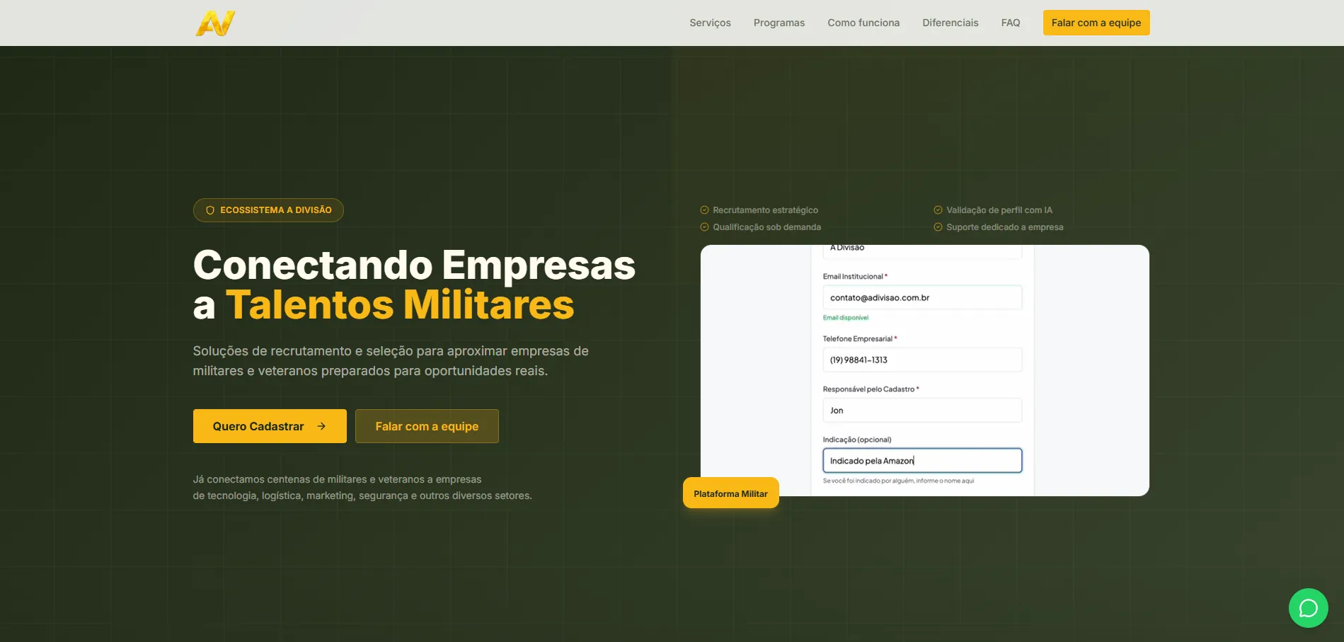 Interface da plataforma Ache um Veterano